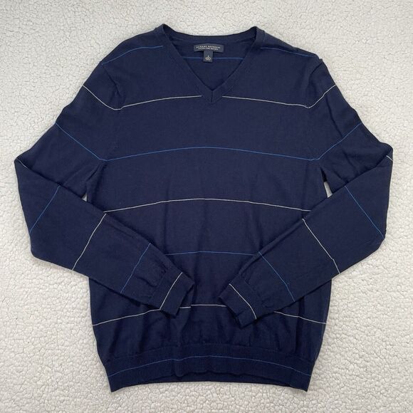 Banana Republic Mens S Extra Fine Merino Wool Sweater V Neck Golf Blue Striped - Picture 1 of 7